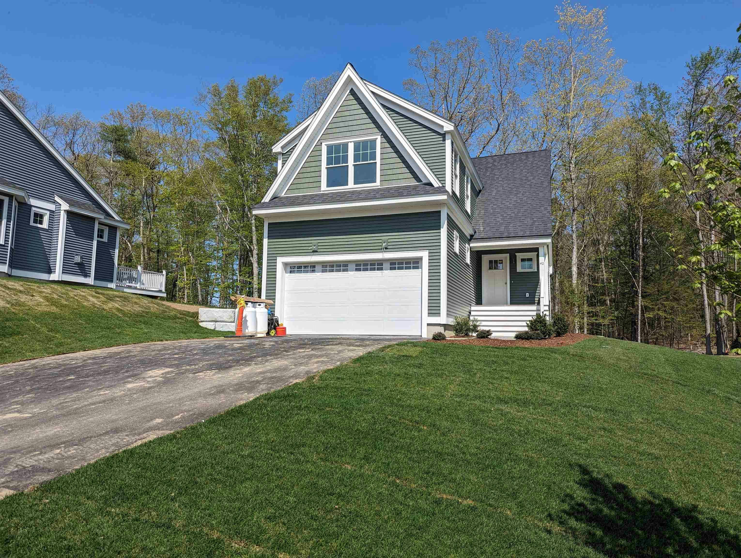 Exterior photo of a blue house in summer with green trees behind it